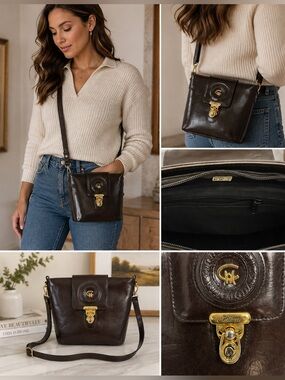 Vintage Chiltern Brown Leather-Look Crossbody Shoulder Bag Gold Hardware